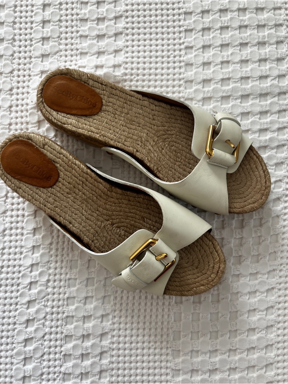 See By Chloe White Leather Slide Sandals with Gold Buckles